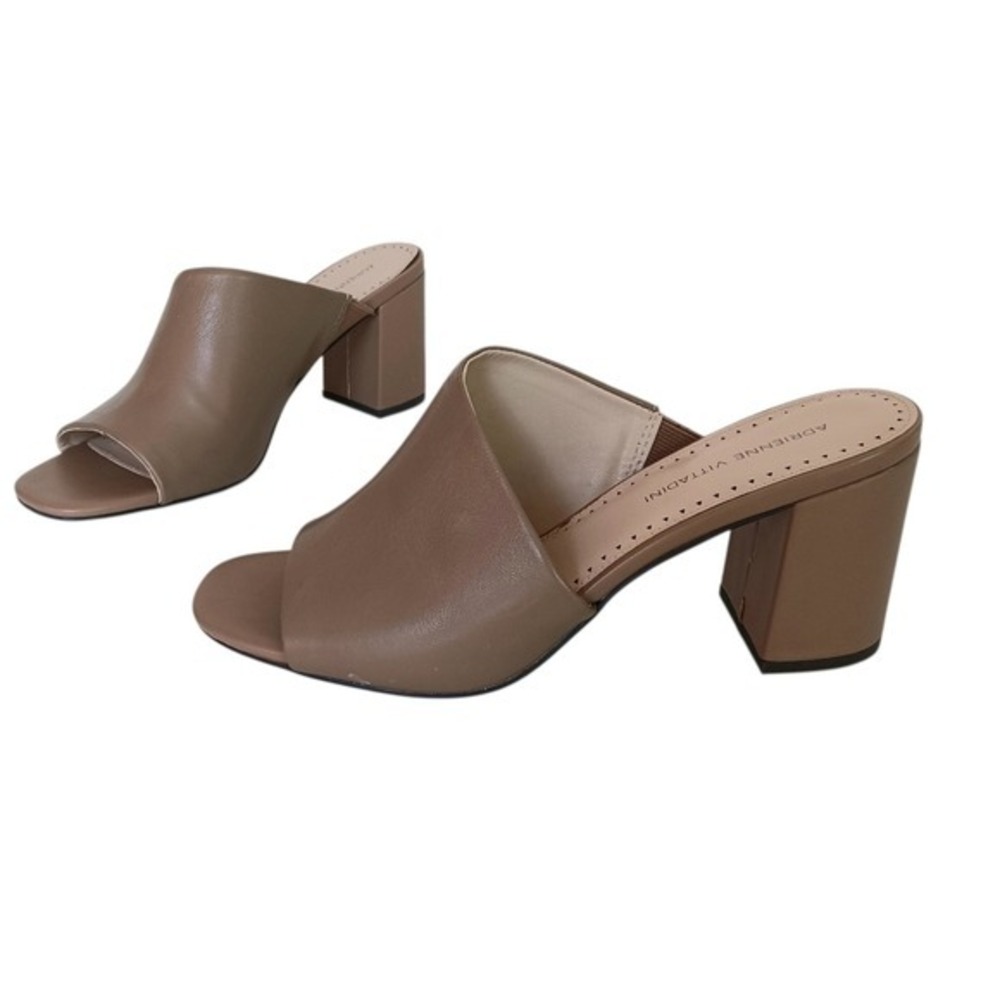Adrienne Vittadini Albi Mule Sandals Womens 9M Tan Leather Block Heel Slide